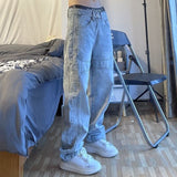 Hulianfu Cotton Straight Jeans Men Women's Retro Washed High Street Loose Cargo Pants Stitching Casual Wide-Leg Trousers Men Loose Jeans